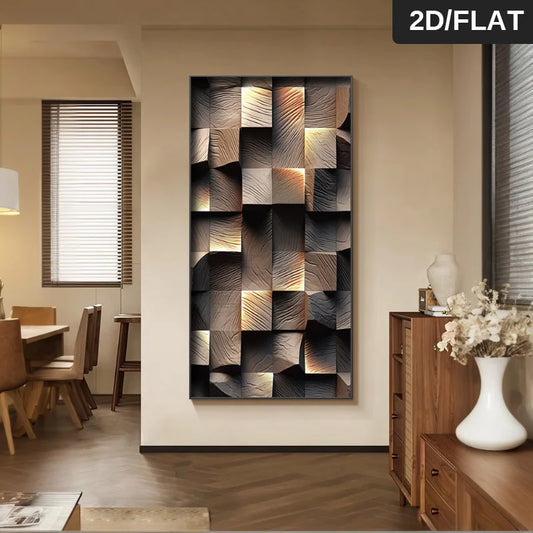 FRAMED Modern Aesthetics Abstract Geometric Wood Block Design - Big Sizes Canvas Print + Slim Bezel Black Metal Frame