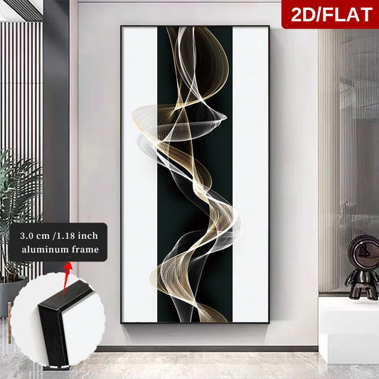 Abstract wall art with a thin black frame on a white wall.