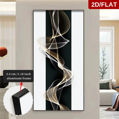Abstract wall art with wavy design in a modern living room setting