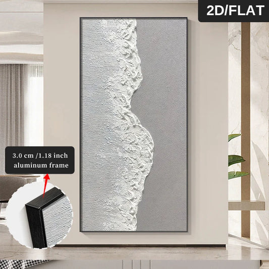 FRAMED Modern Minimalist Grey White Waves Coastal Wall Art - Big Sizes Canvas Print + Slim Bezel Black Metal Frame