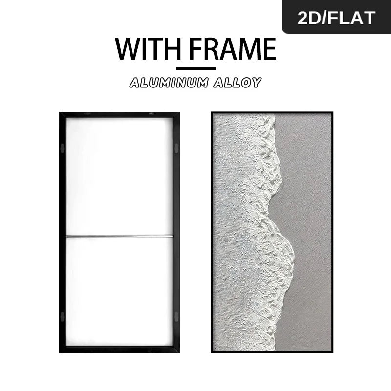 FRAMED Modern Minimalist Grey White Waves Coastal Wall Art - Big Sizes Canvas Print + Slim Bezel Black Metal Frame