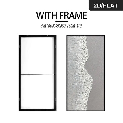 FRAMED Modern Minimalist Grey White Waves Coastal Wall Art - Big Sizes Canvas Print + Slim Bezel Black Metal Frame