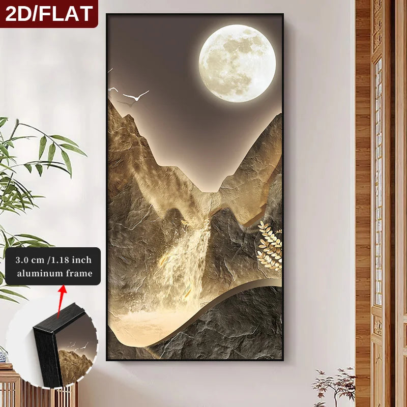 FRAMED Moon Valley Abstract Landscape Wall Art For Living Room/Entryway - Big Sizes Canvas Prints + Slim Bezel Black Metal Frame