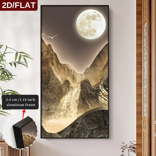 FRAMED Moon Valley Abstract Landscape Wall Art For Living Room/Entryway - Big Sizes Canvas Prints + Slim Bezel Black Metal Frame