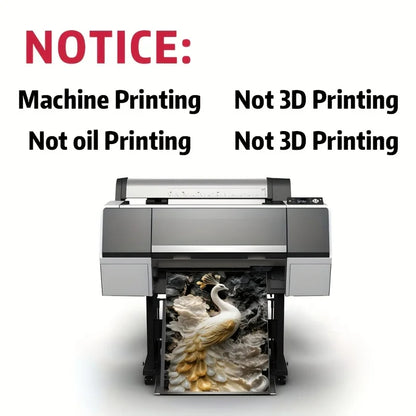 Printer with a printed swan design and text indicating it is machine printing, not oil printing or 3D printing.