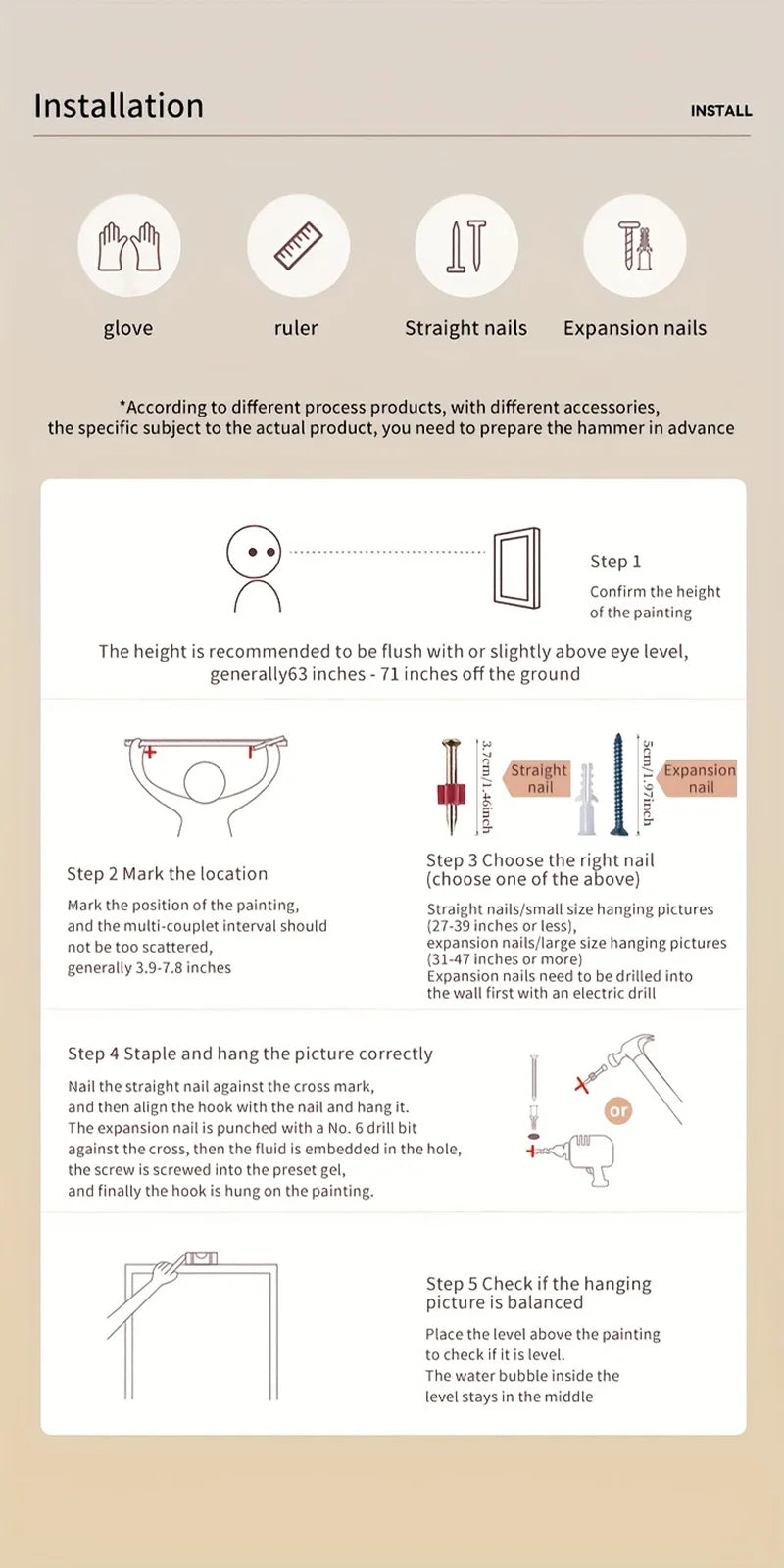 Installation guide for a picture hanging system with step-by-step instructions and illustrations.