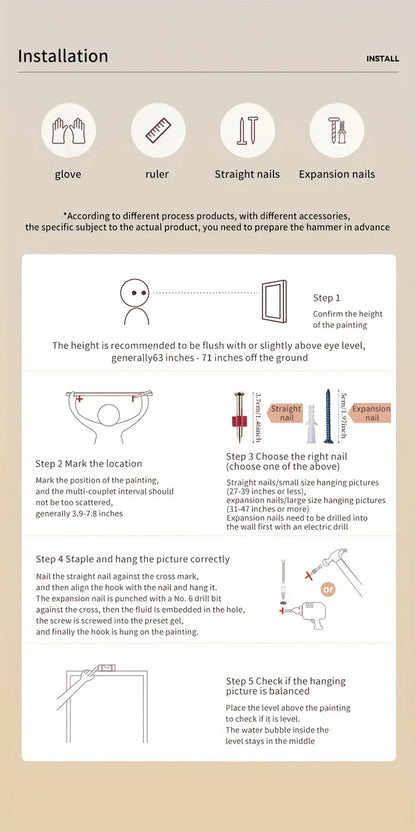 Installation guide for a picture hanging system with step-by-step instructions and illustrations.