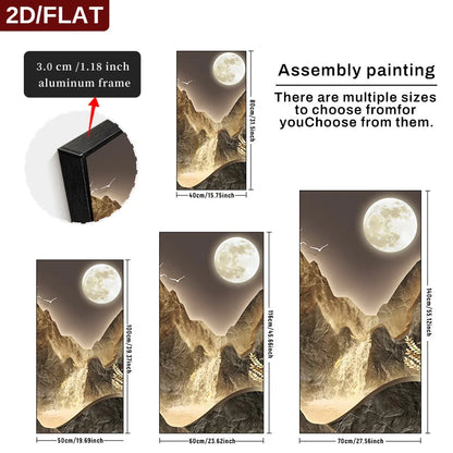 Assembly painting with moon and mountain design, showing different sizes and an aluminum frame detail.