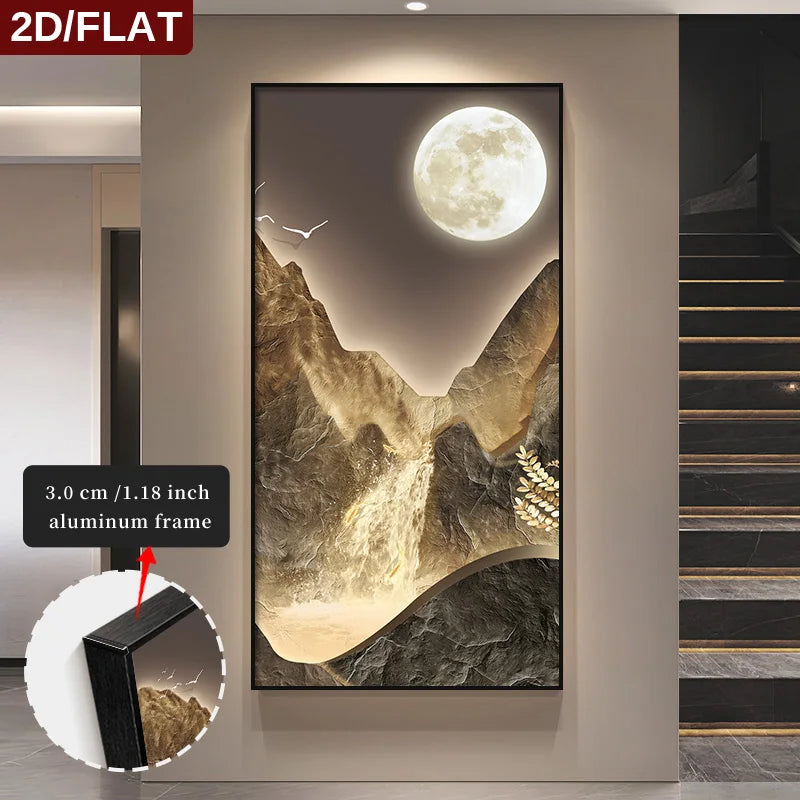 Wall art with mountain and moon design in a modern interior setting