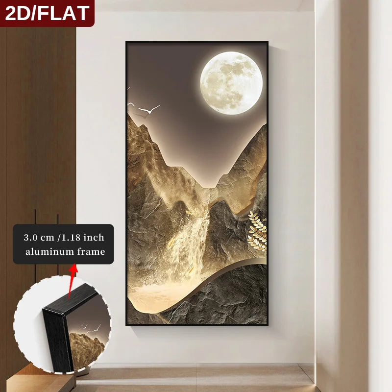 Framed artwork of a mountain and moon with a close-up of the frame's thickness.