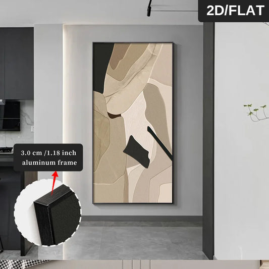 FRAMED Neutral Colors Black Beige Abstract Wall Art - Big Sizes Canvas Prints + Slim Bezel Black Metal Frame