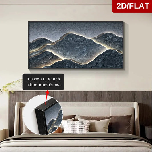 Mountainscape wall art with a 3.0 cm aluminum frame in a bedroom setting.