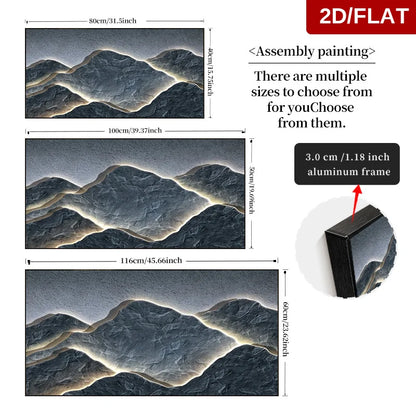 Dimensions and assembly instructions for a 3D wall art piece with a mountain landscape design.