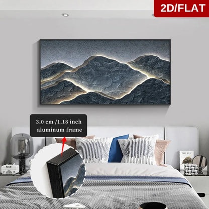 Wall art of mountains with a 2D/Flat label above it, displayed in a bedroom.