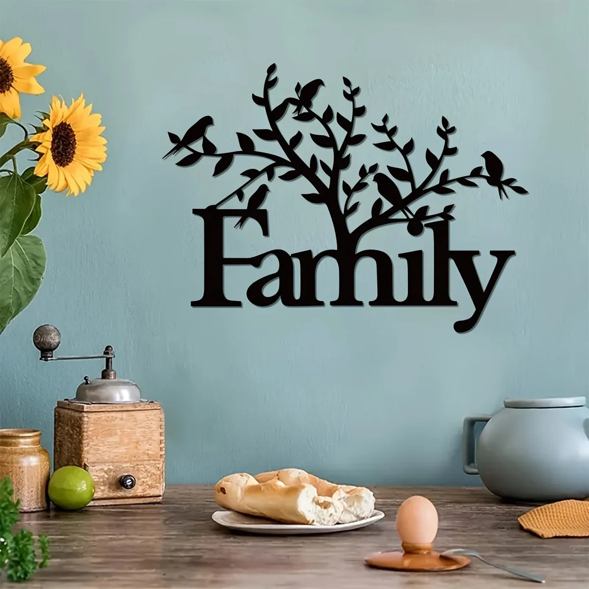 Family Word Birds On A Branch Silhouette Black Metal Wall Art 3d Iron Craft Typographic Wall Decoration For Living Room Family Room Dining Room Creative Home Decor