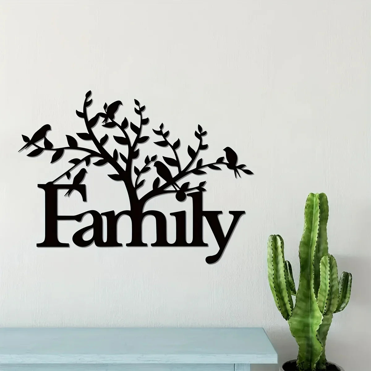 Family Word Birds On A Branch Silhouette Black Metal Wall Art 3d Iron Craft Typographic Wall Decoration For Living Room Family Room Dining Room Creative Home Decor
