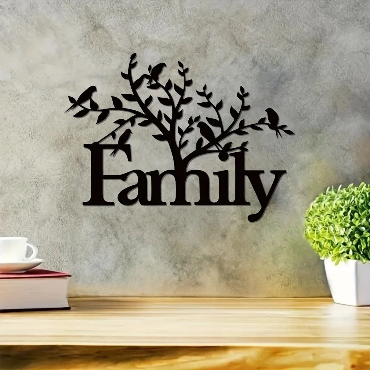 Family Word Birds On A Branch Silhouette Black Metal Wall Art 3d Iron Craft Typographic Wall Decoration For Living Room Family Room Dining Room Creative Home Decor