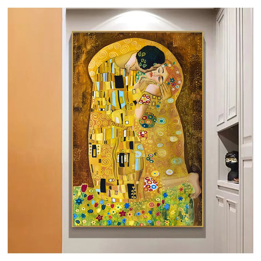 Famous Paintings Klimpt Kiss Fine Art Canvas Print Wall Art Classical Pictures For Living Room Dining Room Foyer Art Decor