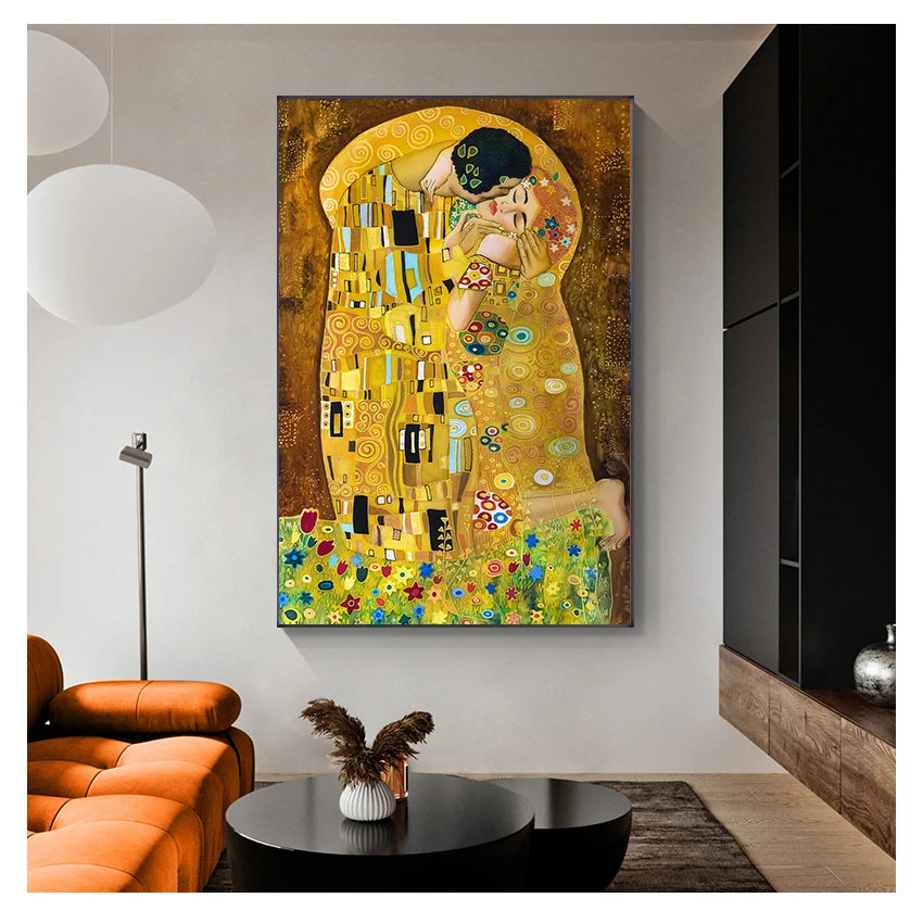 Famous Paintings Klimpt Kiss Fine Art Canvas Print Wall Art Classical Pictures For Living Room Dining Room Foyer Art Decor