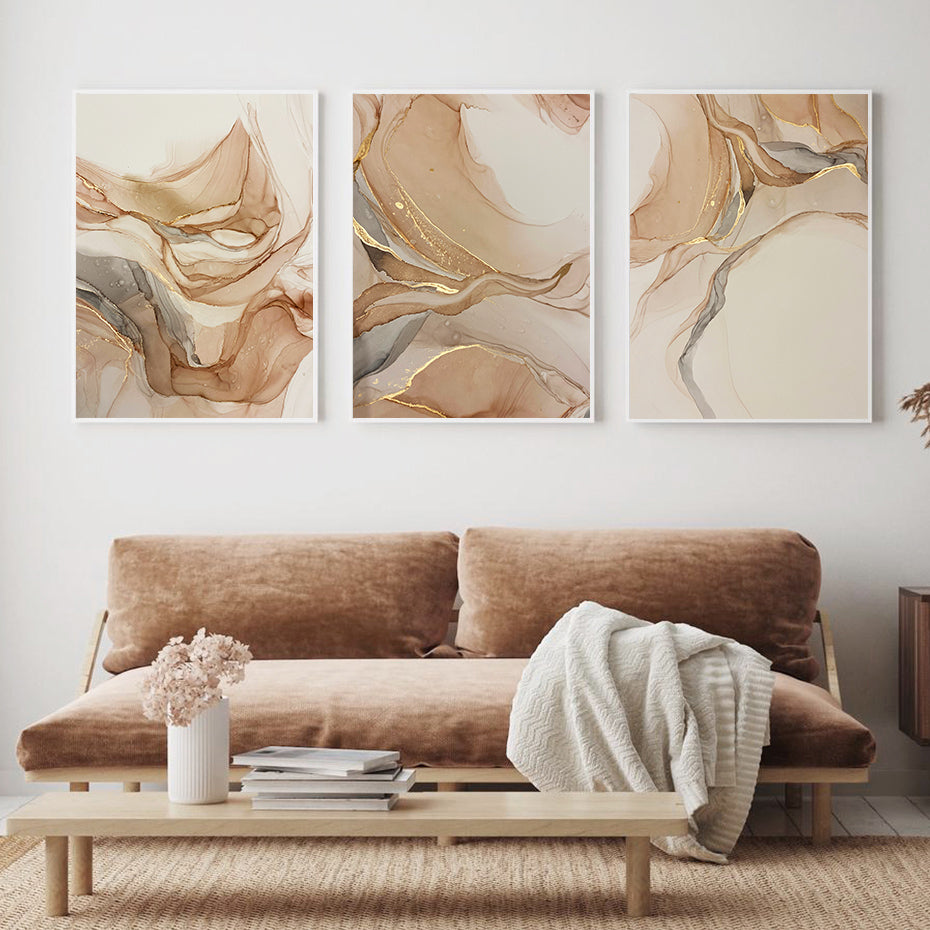 * Featured Sale * Set of 3Pcs Golden Beige Liquid Marble Wall Art Fine Art Canvas Prints Modern Abstract Pictures For Living Room Bedroom Decor
