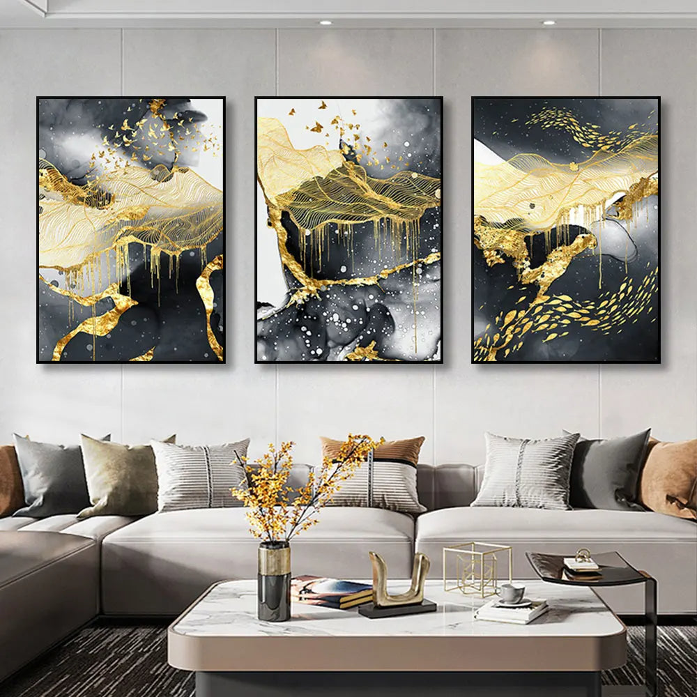 Set of 3Pcs Modern Abstract Black Golden Liquid Organic Marble Wall Art 50x70cm Canvas Prints For Home Office Art Decor