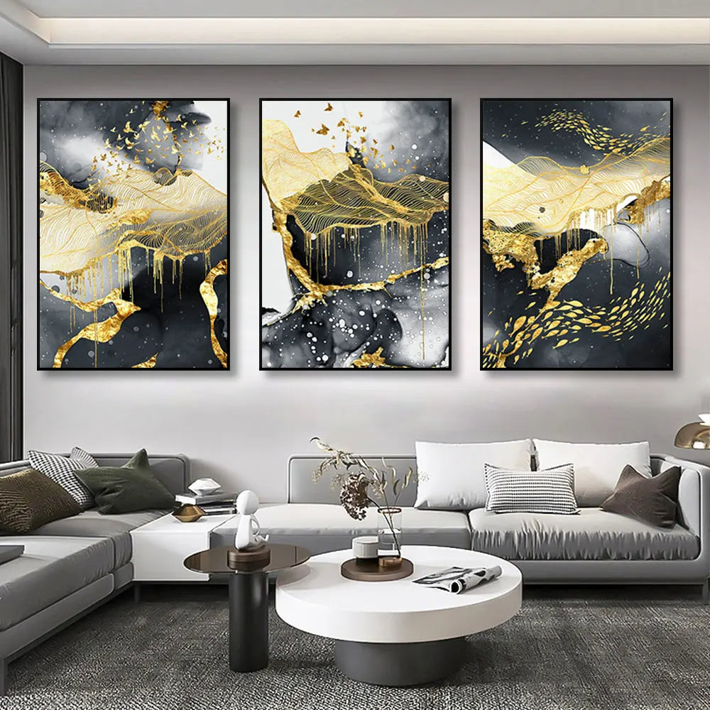 Set of 3Pcs Modern Abstract Black Golden Liquid Organic Marble Wall Art 50x70cm Canvas Prints For Home Office Art Decor