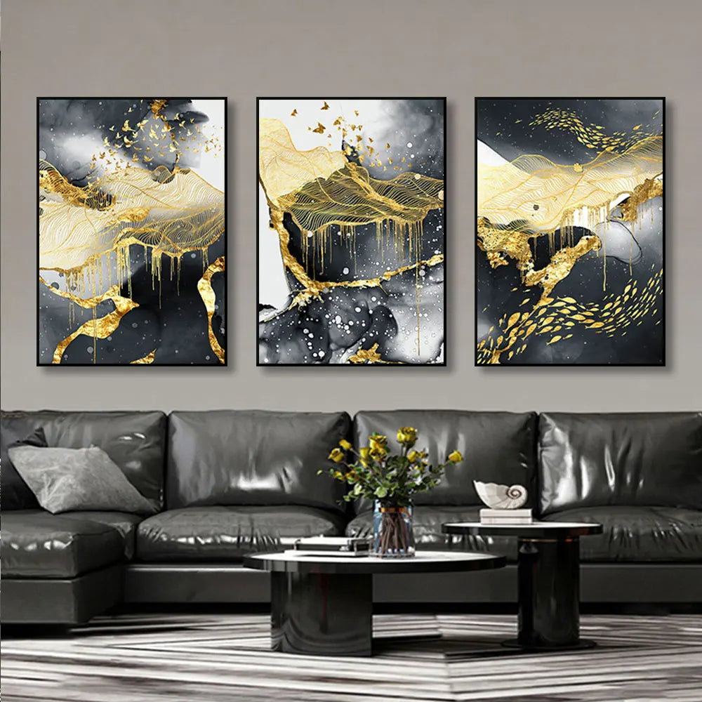 Set of 3Pcs Modern Abstract Black Golden Liquid Organic Marble Wall Art 50x70cm Canvas Prints For Home Office Art Decor