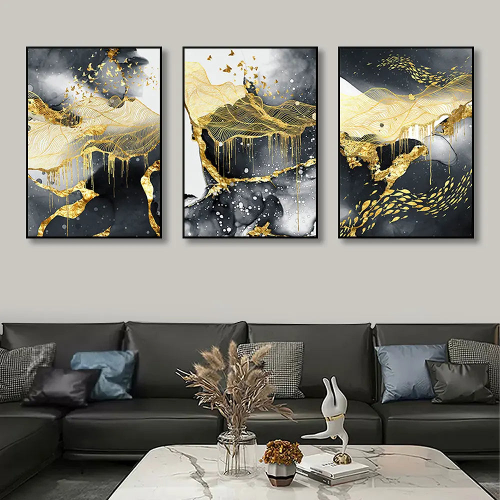 Set of 3Pcs Modern Abstract Black Golden Liquid Organic Marble Wall Art 50x70cm Canvas Prints For Home Office Art Decor