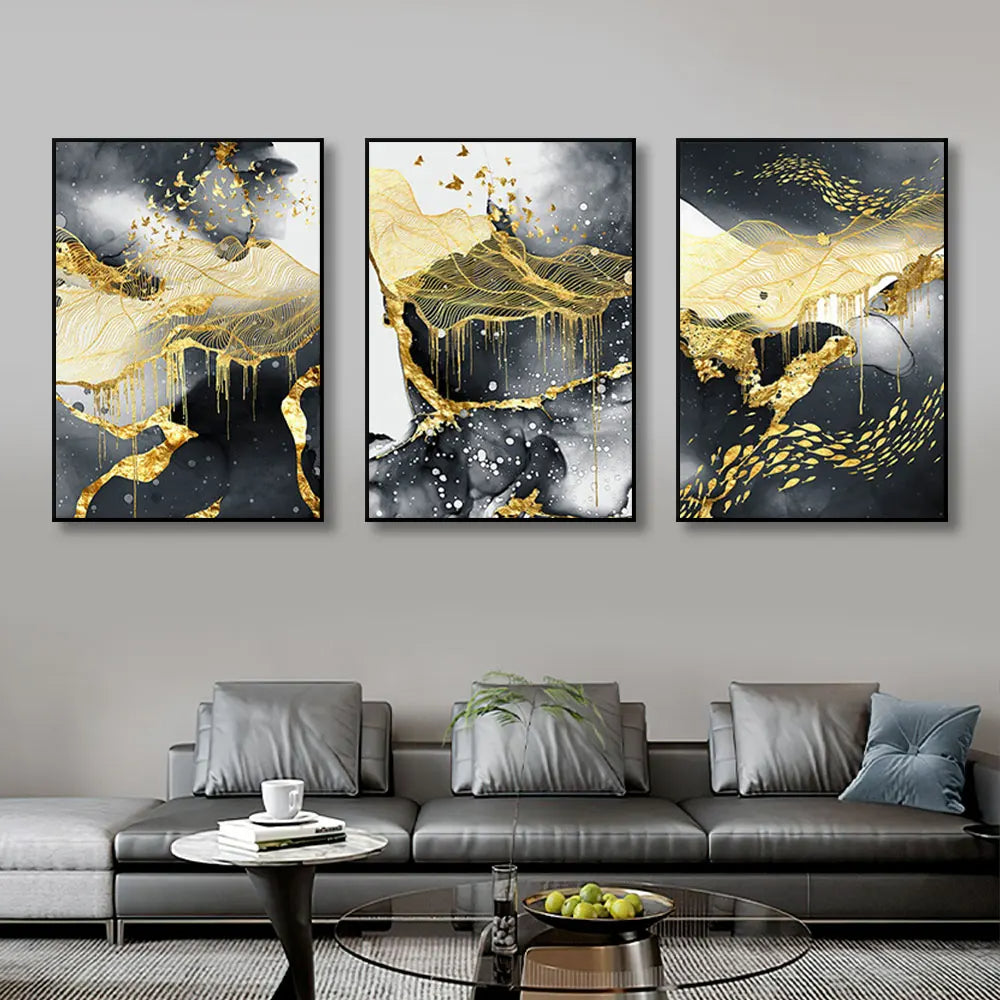 * Featured Sale * Set of 3Pcs Modern Abstract Black Golden Liquid Organic Marble Wall Art 50x70cm Canvas Prints For Home Office Art Decor