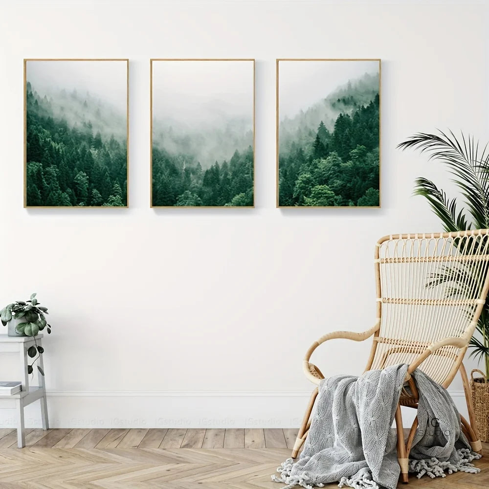 * Featured Sale * Set of 3PCS Misty Forest Landscape Wall Art Fine Art Canvas Prints Inspirational Pictures Of Calm For Living Room Wall Decor