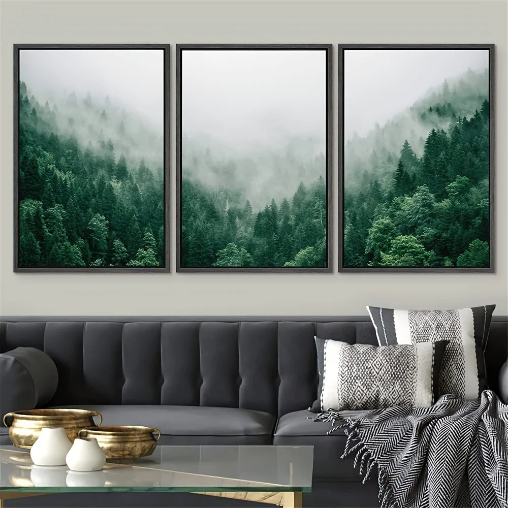 * Featured Sale * Set of 3PCS Misty Forest Landscape Wall Art Fine Art Canvas Prints Inspirational Pictures Of Calm For Living Room Wall Decor