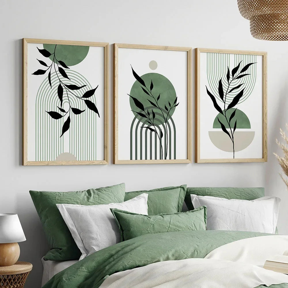 * Featured Sale * Set of 3Pcs Earth Green Minimalist Geometric Line Art Leaf Canvas Print Wall Art Pictures For Modern Living Room Decor