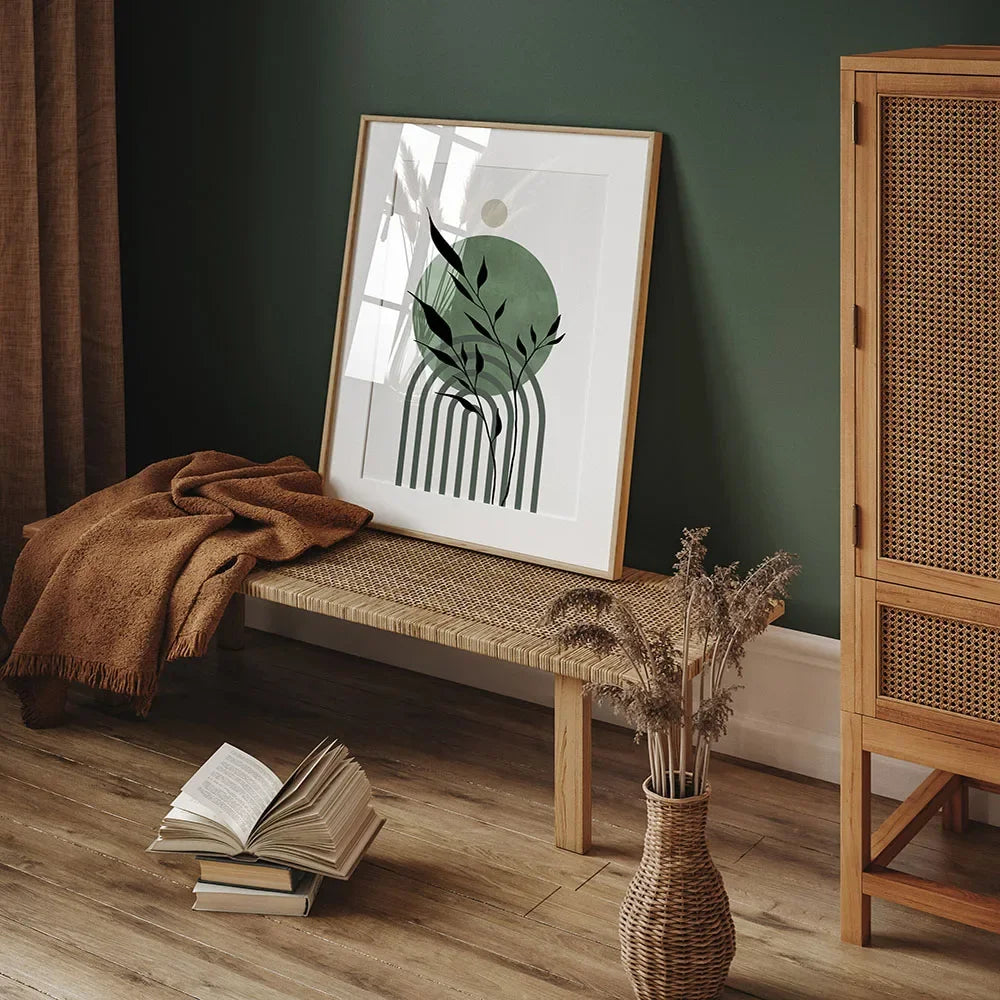 * Featured Sale * Set of 3Pcs Earth Green Minimalist Geometric Line Art Leaf Canvas Print Wall Art Pictures For Modern Living Room Decor