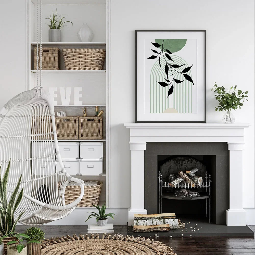 * Featured Sale * Set of 3Pcs Earth Green Minimalist Geometric Line Art Leaf Canvas Print Wall Art Pictures For Modern Living Room Decor