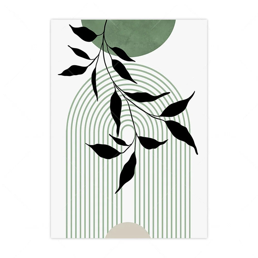 * Featured Sale * Set of 3Pcs Earth Green Minimalist Geometric Line Art Leaf Canvas Print Wall Art Pictures For Modern Living Room Decor