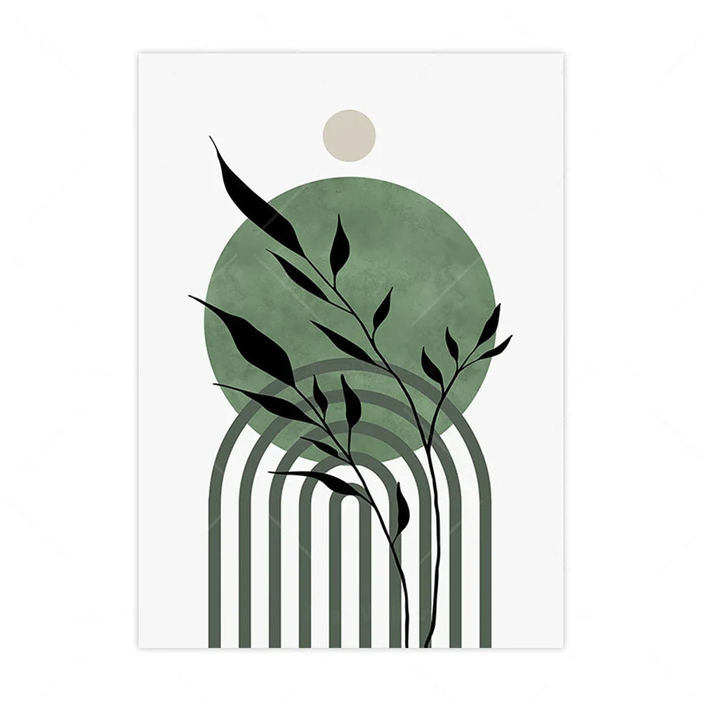 * Featured Sale * Set of 3Pcs Earth Green Minimalist Geometric Line Art Leaf Canvas Print Wall Art Pictures For Modern Living Room Decor