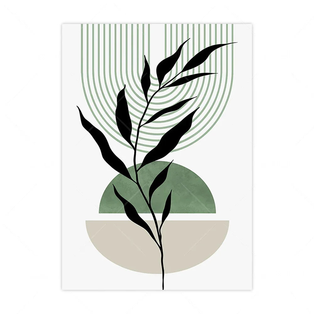 * Featured Sale * Set of 3Pcs Earth Green Minimalist Geometric Line Art Leaf Canvas Print Wall Art Pictures For Modern Living Room Decor