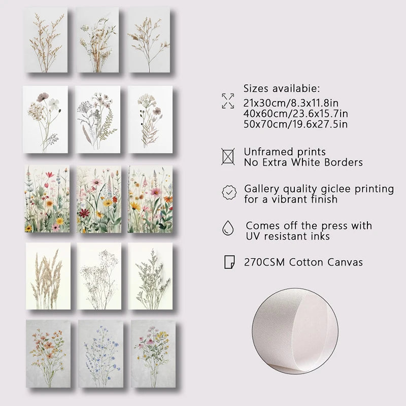 * Featured Sale * Set of 3Pcs Wild Meadow Flowers Wall Art Fine Art Canvas Prints Minimalist Botanical Prints Posters Pictures For Living Room Decor