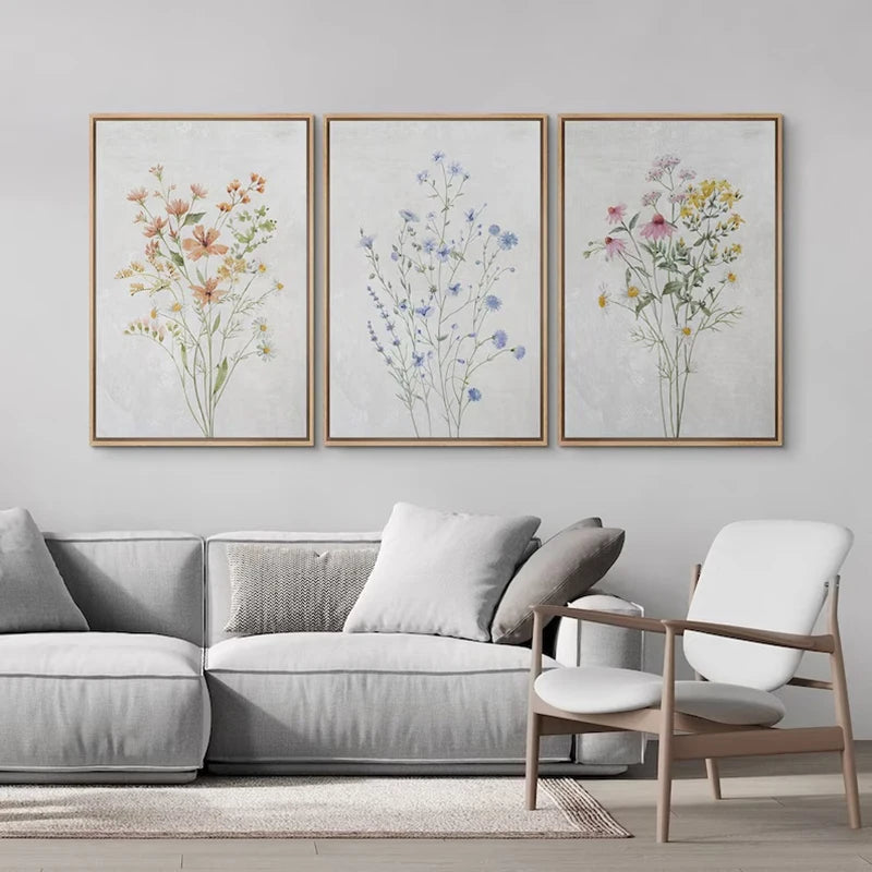 * Featured Sale * Set of 3Pcs Wild Meadow Flowers Wall Art Fine Art Canvas Prints Minimalist Botanical Prints Posters Pictures For Living Room Decor