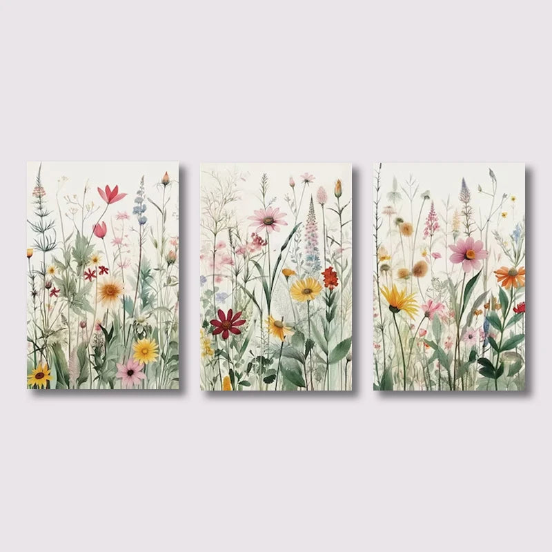 * Featured Sale * Set of 3Pcs Wild Meadow Flowers Wall Art Fine Art Canvas Prints Minimalist Botanical Prints Posters Pictures For Living Room Decor