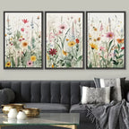 * Featured Sale * Set of 3Pcs Wild Meadow Flowers Wall Art Fine Art Canvas Prints Minimalist Botanical Prints Posters Pictures For Living Room Decor