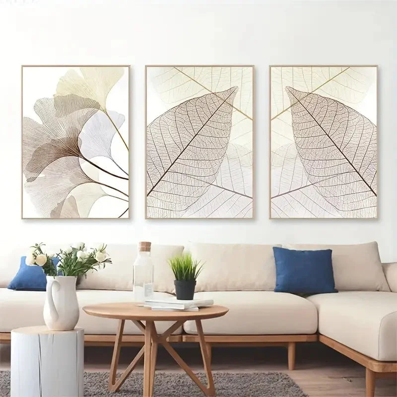 * Featured Sale * Set of 3 PCS Modern Botanical Leaf Veins Wall Art Fine Art Canvas Prints Simple Neutral Tone Pictures For Living Room Scandinavian Style Home Decor
