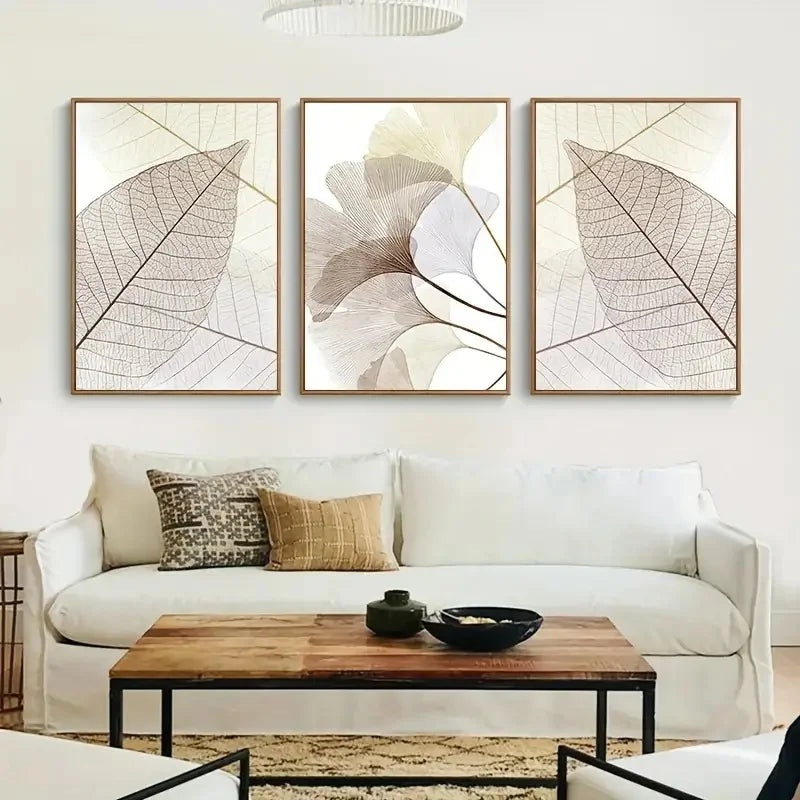 * Featured Sale * Set of 3 PCS Modern Botanical Leaf Veins Wall Art Fine Art Canvas Prints Simple Neutral Tone Pictures For Living Room Scandinavian Style Home Decor