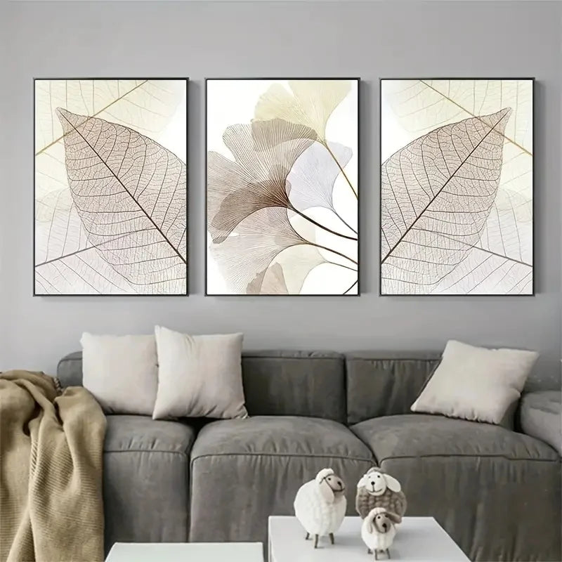 * Featured Sale * Set of 3 PCS Modern Botanical Leaf Veins Wall Art Fine Art Canvas Prints Simple Neutral Tone Pictures For Living Room Scandinavian Style Home Decor