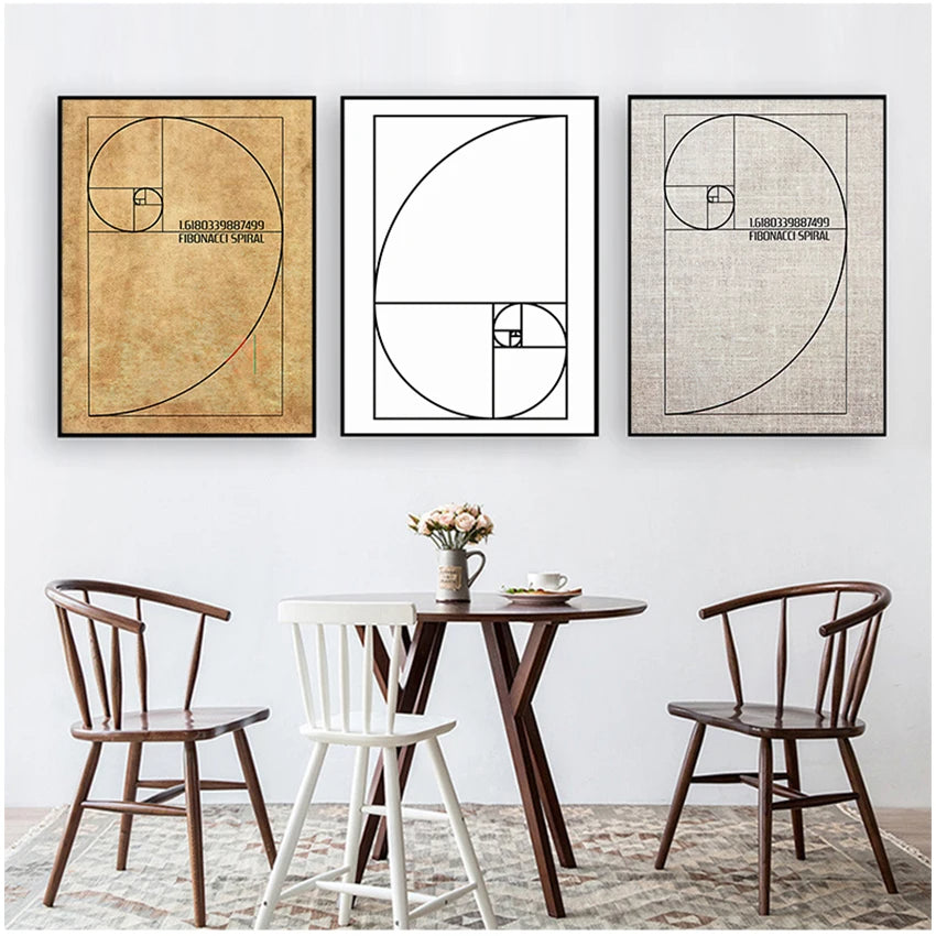 Fibonacci Spiral Artistic Geometry Wall Art Mathematical Golden Ratio Scientific Poster Black And White Fine Art Canvas For Home Office Classroom Wall Art