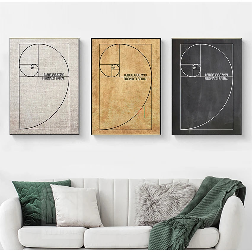 Fibonacci Spiral Artistic Geometry Wall Art Mathematical Golden Ratio Scientific Poster Black And White Fine Art Canvas For Home Office Classroom Wall Art