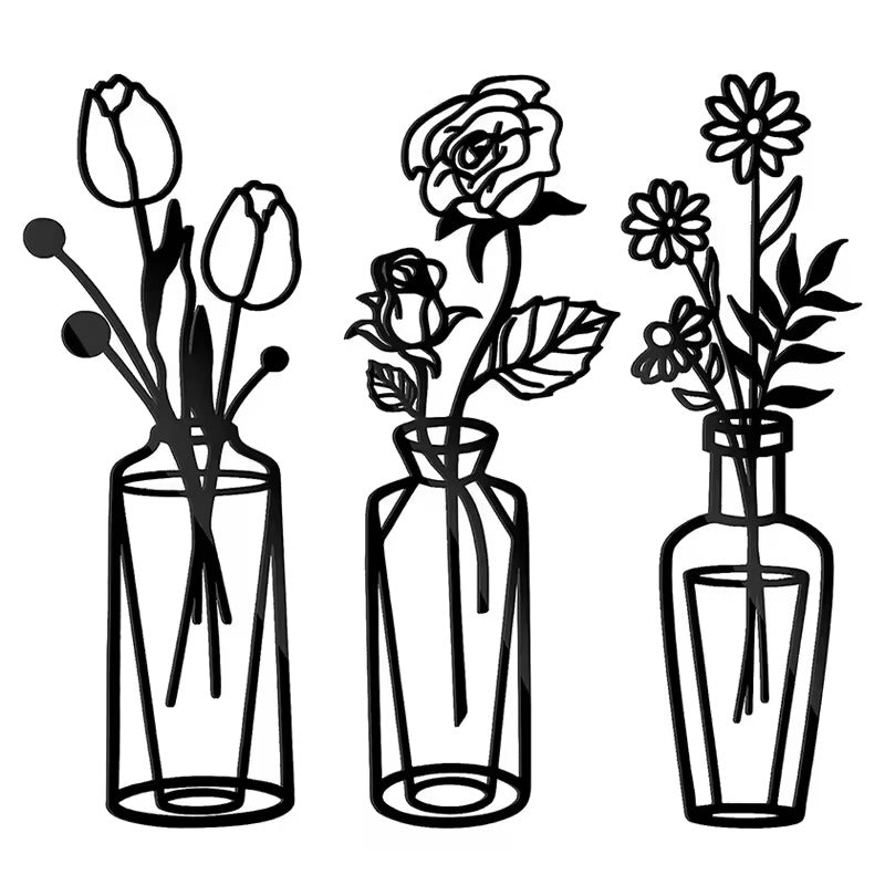 Flowers In A Vase Black Metal Wall Art 3D Sculptured Iron Art Wall Decorations For Living Room Dining Room Creative Nordic Home Decor