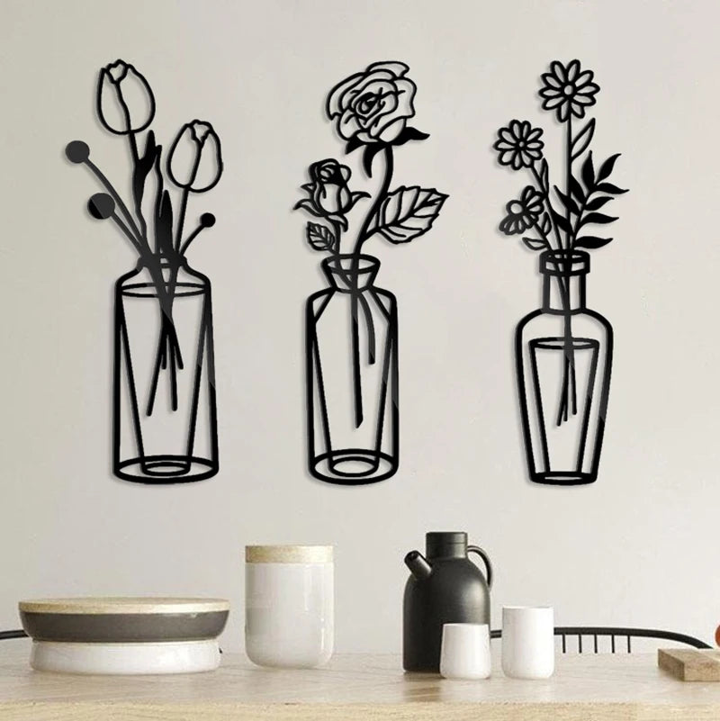 Flowers In A Vase Black Metal Wall Art 3D Sculptured Iron Art Wall Decorations For Living Room Dining Room Creative Nordic Home Decor