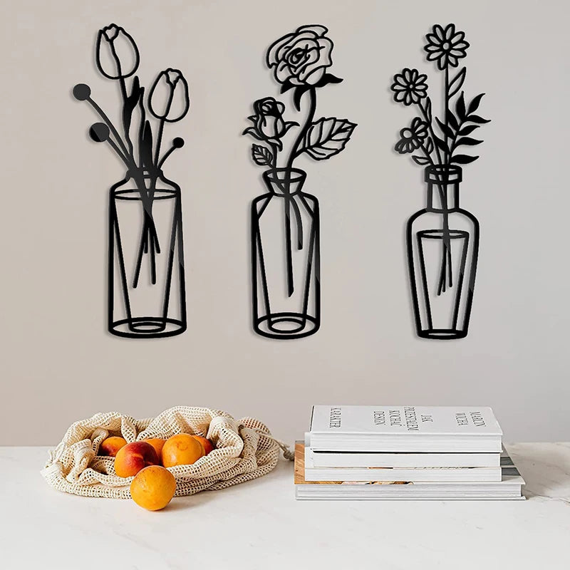 Flowers In A Vase Black Metal Wall Art 3D Sculptured Iron Art Wall Decorations For Living Room Dining Room Creative Nordic Home Decor