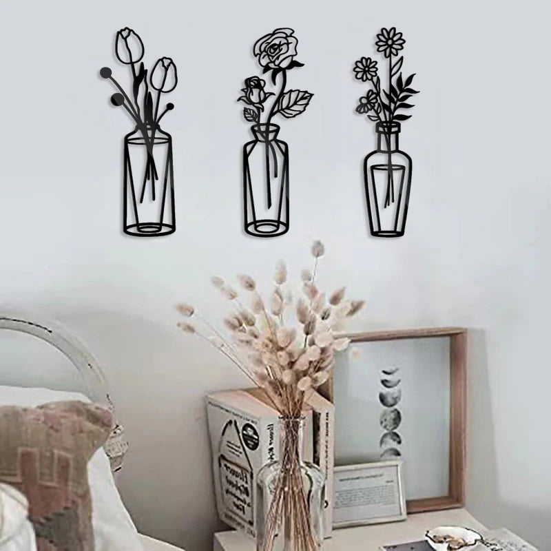 Flowers In A Vase Black Metal Wall Art 3D Sculptured Iron Art Wall Decorations For Living Room Dining Room Creative Nordic Home Decor